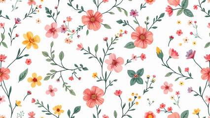 Seamless pattern with Wild flowers, Hand drawn Flowers and branches in Scandinavian style	