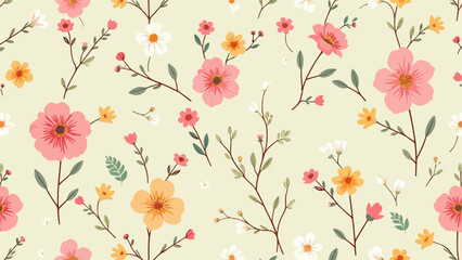 Seamless pattern with tulips, Flowers and branches in Scandinavian style	