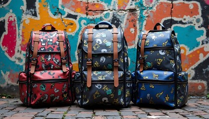 Three Patterned Backpacks Standing Against Colorful Graffiti Wall