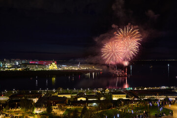 Fototapeta premium Colorful Fireworks Over Strelka - Alexander Nevsky Cathedral. 9 May