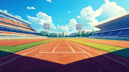 Sunny stadium track, city backdrop, athletic event illustration