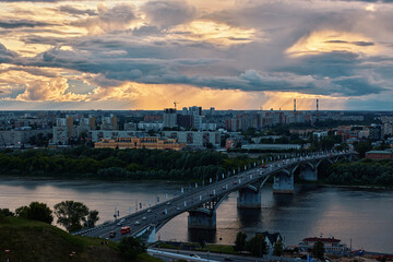 Fantastic Sunset Over Kanavinsky Bridge and Oka River in Nizhny Novgorod