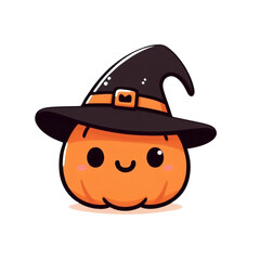 Adorable Halloween design of a smiling pumpkin wearing a witch's hat, perfect for holiday themed projects and seasonal decorations.