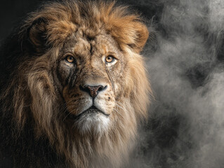 Naklejka premium Golden lion face surrounded by black smoke, majestic animal portrait