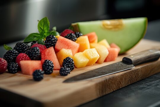 Naklejki Vibrant fruit medley preparation kitchen food photography culinary environment close-up view freshness and health benefits