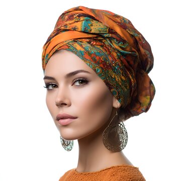 Beautiful woman with orange head wrap fashion style and earrings portrait studio shot on white background