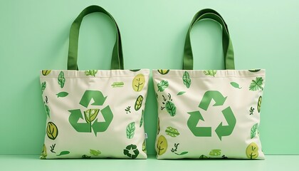 Two Reusable Shopping Bags with Green Recycle Symbol and Leaf Pattern