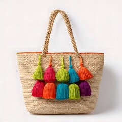 Straw beach tote bag with colorful tassels summer fashion accessory for women stylish vacation bag