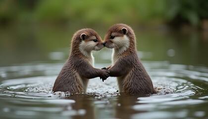 Two River Otters Touching Noses in Water, Holding Hands