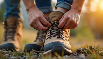 Tying Hiking Boots Laces Before Outdoor Adventure at Golden Hour