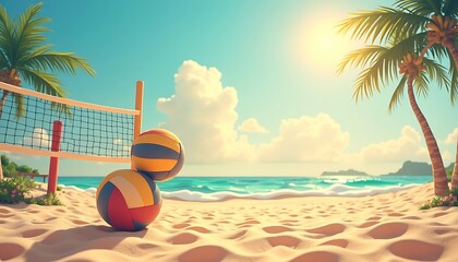 Volleyball Scene on Tropical Beach with Net and Palm Trees