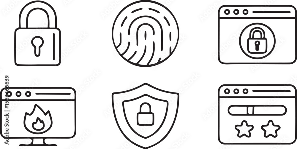Poster privacy and security icon set, two factor authentication, fingerprint scanner, lock, firewall icons 
