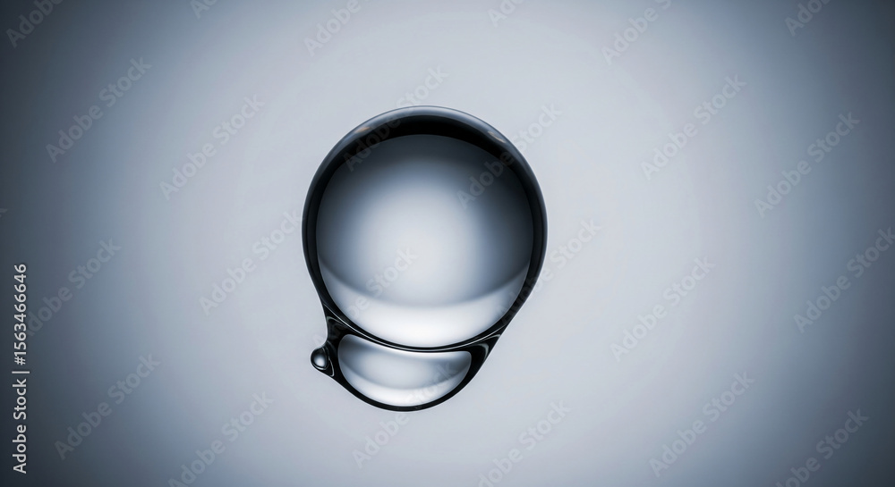 Poster close-up of a translucent liquid drop, exhibiting smooth curves and reflective surface, showcasing p