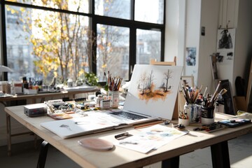 Creative workspace with open laptop and sketching materials art studio artwork creation bright environment artistic viewpoint for engaging design
