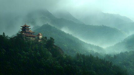 Misty mountain temple landscape scenic view serene asian architecture travel destination photography