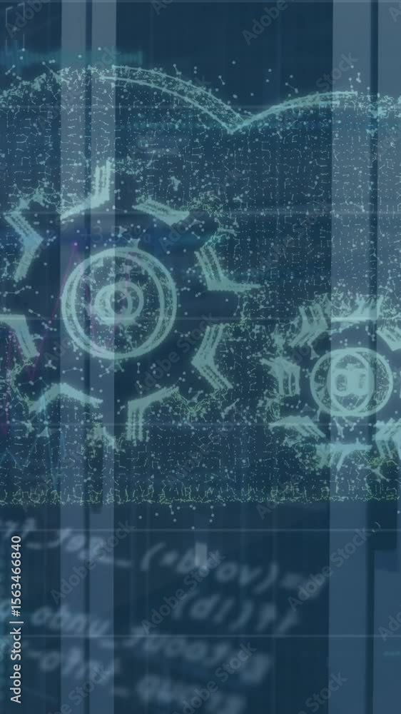 Poster animation of data processing and cloud with cogs over server room