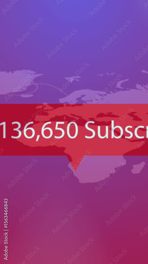 Poster animation of increasing subscribers on speech bubble over world map on purple gradient background