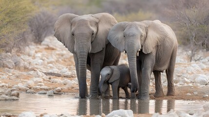 Elephant family at watering hole african wildlife photography safari travel destination etosha national park