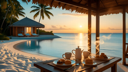 Obraz premium swimming pool at sunset with palm trees