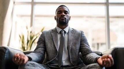 Businessman meditation mindful practice stress relief corporate wellness mental health zen calm pose