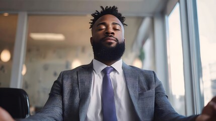 Businessman meditating in office for stress relief and mindfulness at workplace for mental health