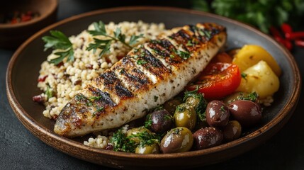 Grilled fish, grains, olives, vegetables, plate, dark background, healthy meal, food photography