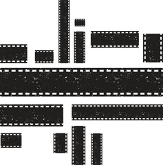 Film reel icon set. Black movie reel icon in vintage style. Old retro reel with film strip collection. Vector illustration
