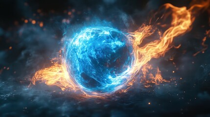 Fiery Ice Orb, digital art, cosmic background, game design