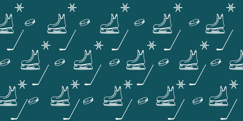 Ice hockey pattern background. ice skates, stick and snowflakes.