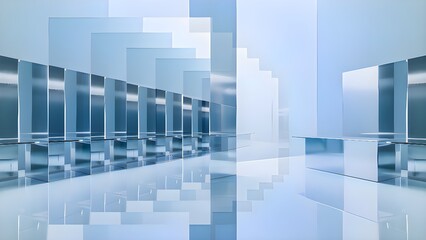 Fototapeta premium Futuristic chrome-blue interior with pixelated glass layers and mirrored surfaces. Ideal for abstract tech, digital innovation, or architectural backgrounds. Futuristic Holographic Room. 