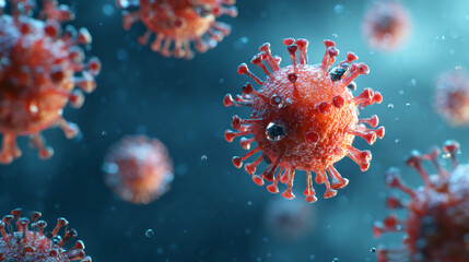 3D virus particles floating, scientific concept on blue background