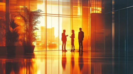 Businesspeople meeting sunset office city view