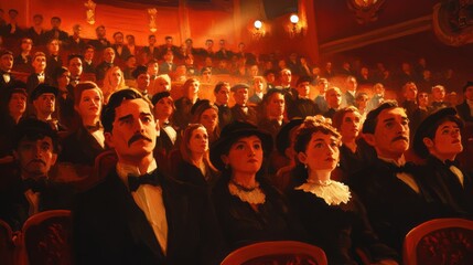 Victorian audience attentively watching a play in a grand theater