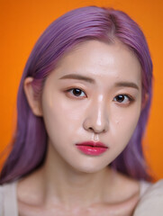 Close-up portrait of a young Korean woman with smooth glowing porcelain skin and delicate facial features, captured from shoulders up against a vibrant orange background. She has long straight