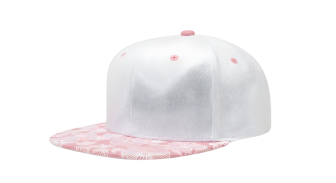 A white baseball cap with a pink floral brim and pink button on top against a black background