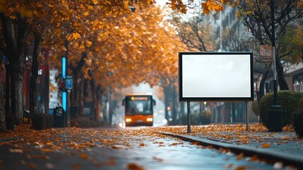 Cityscape in Autumn with Blank Billboard Displaying Promotional Content