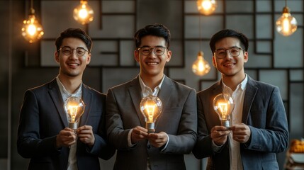 Asian businessmen illuminate ideas, studio, bulbs