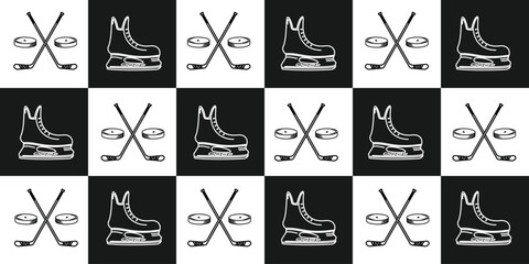 Ice hockey pattern background. ice skates, stick and snowflakes.