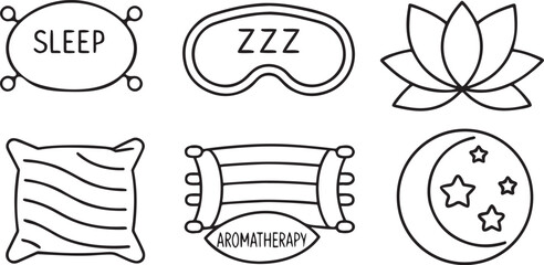 Sleep and Relaxation Icon Pack, wellness icons for mental health apps, pillow and sleep mask, bed and calm face, zzz, moon stars illustration