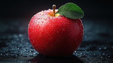 Red apple, water droplets, dark background, food photography, healthy eating (1)