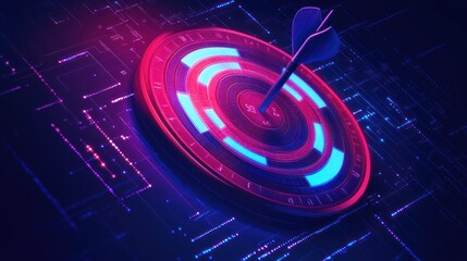 Cybernetic dartboard with a direct hit illuminated in futuristic neon glow