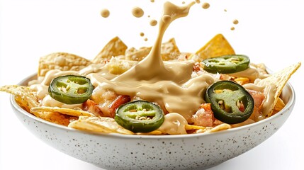 Warm cheese sauce splashing onto a bowl of nachos and jalapenos, enhancing the comfort food theme with creamy appeal, isolated on white background,