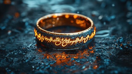 Glowing ring, dark surface, water droplets, fantasy background, jewelry