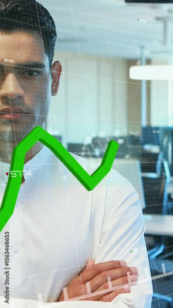Aufkleber animation of screens with data processing against man with arms crossed standing at office