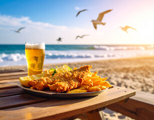 Golden Fish and Chips with Beer on Beach, Seagulls Flying, Sunny Day