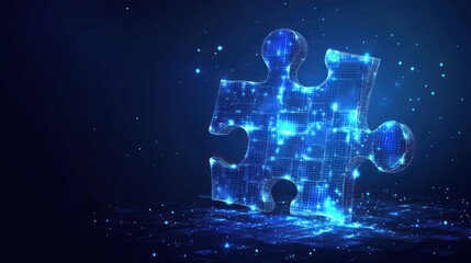 Glowing puzzle piece, digital solution, dark background, connection concept