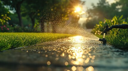 Sunset garden watering, sprinkler, pathway, lush grass, water droplets
