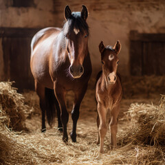 Obraz premium Horse with Foal in Stable