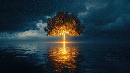 Glowing tree, stormy sea, rain, hope, digital art, fantasy, background, resilience, nature