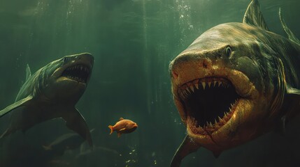 Aquarium Sharks Hunting, Fish Prey, Underwater Threat